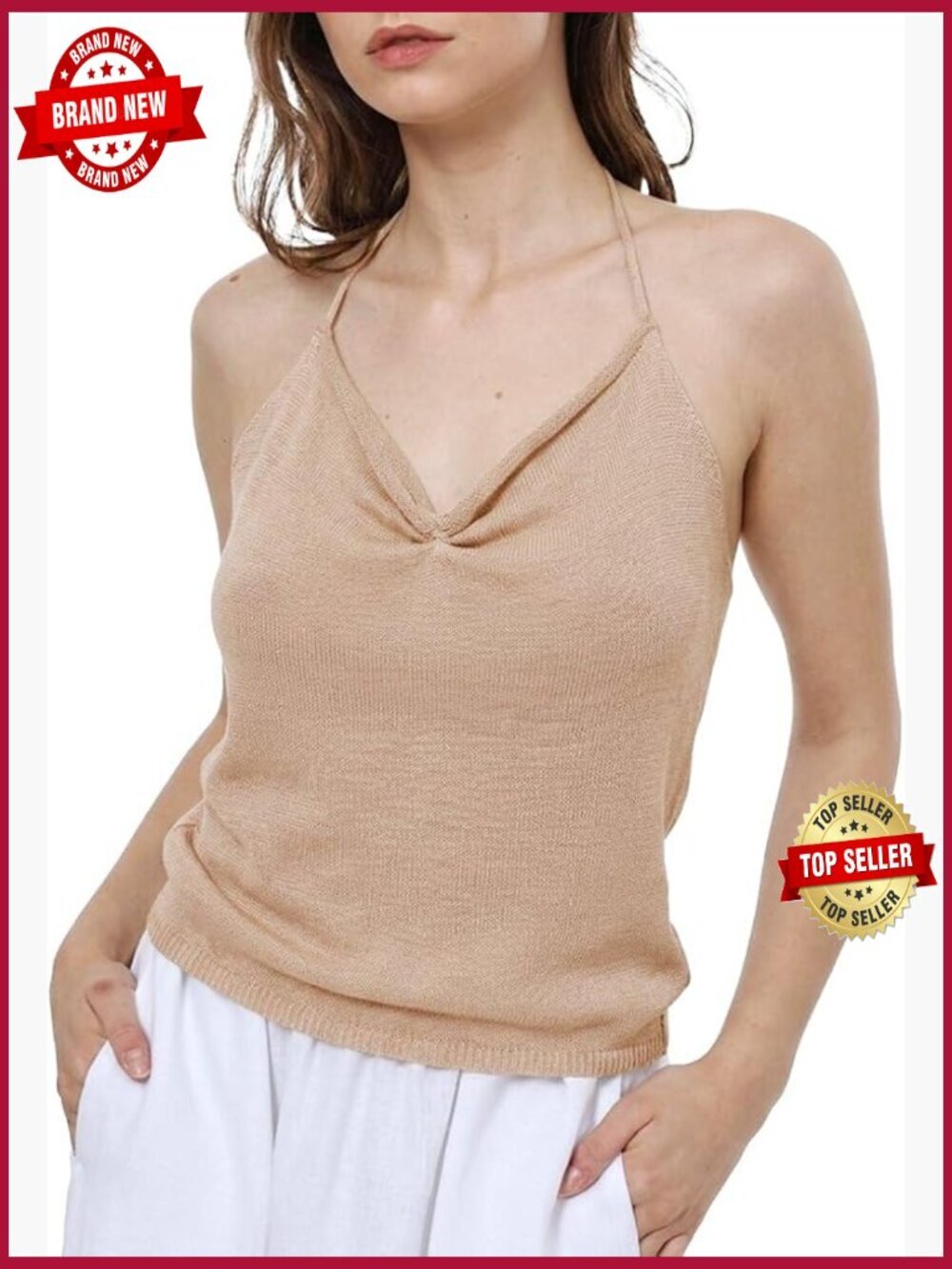 100% Linen Knit Halter Camisole V-Neck Backless Tank Top